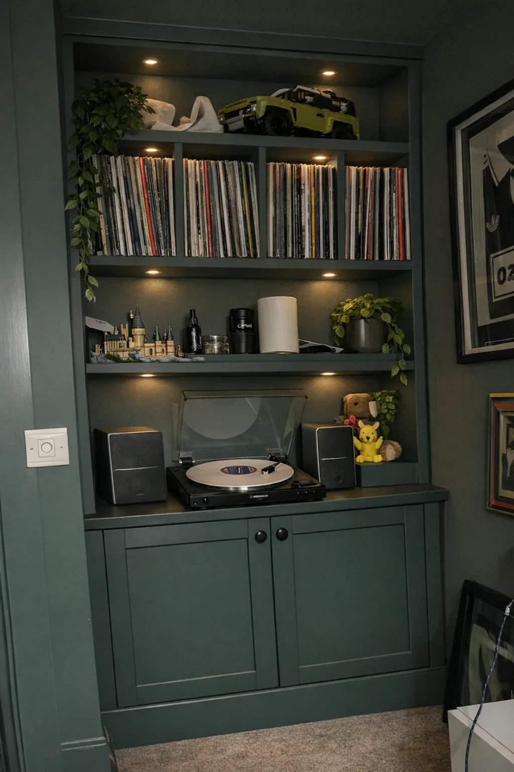 Painted bespoke record shelving and illuminated storage unit